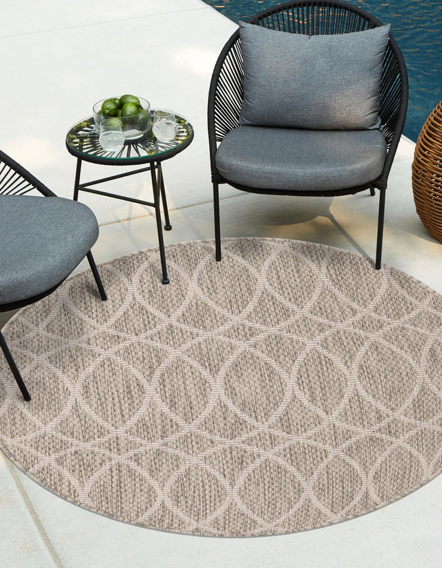 Light Gray 4' 1 x 4' 1 Outdoor Trellis Round Area Rug Weather Resistant for Patio, Deck, Terrace, Balcony, Porch Geometric Design Water Safe Outside Carpet for Sale at Rug Engine