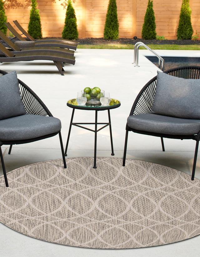 Light Gray 4' 1 x 4' 1 Outdoor Trellis Round Area Rug Weather Resistant for Patio, Deck, Terrace, Balcony, Porch Geometric Design Water Safe Outside Carpet for Sale at Rug Engine