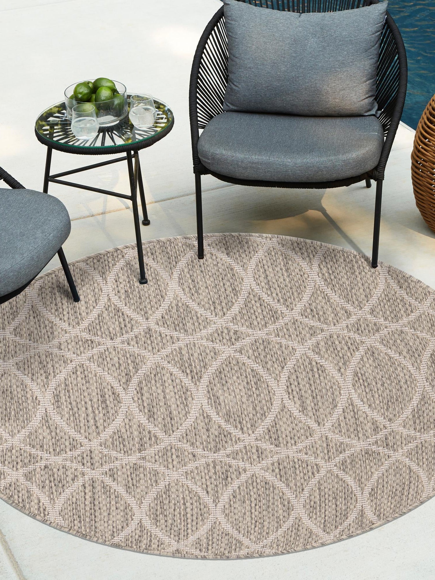 Light Gray 3' 1 x 3' 1 Outdoor Trellis Round Area Rug Weather Resistant for Patio, Deck, Terrace, Balcony, Porch Geometric Design Water Safe Outside Carpet for Sale at Rug Engine