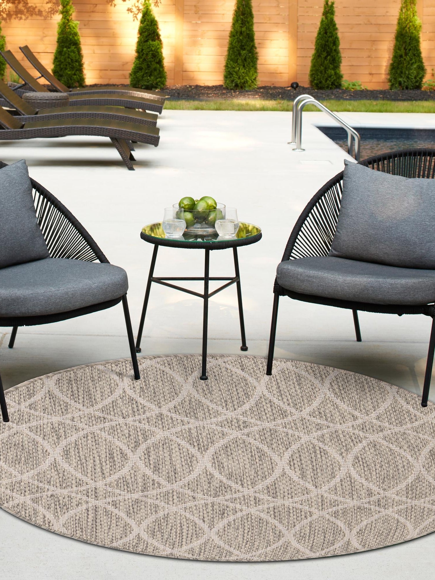 Light Gray 3' 1 x 3' 1 Outdoor Trellis Round Area Rug Weather Resistant for Patio, Deck, Terrace, Balcony, Porch Geometric Design Water Safe Outside Carpet for Sale at Rug Engine