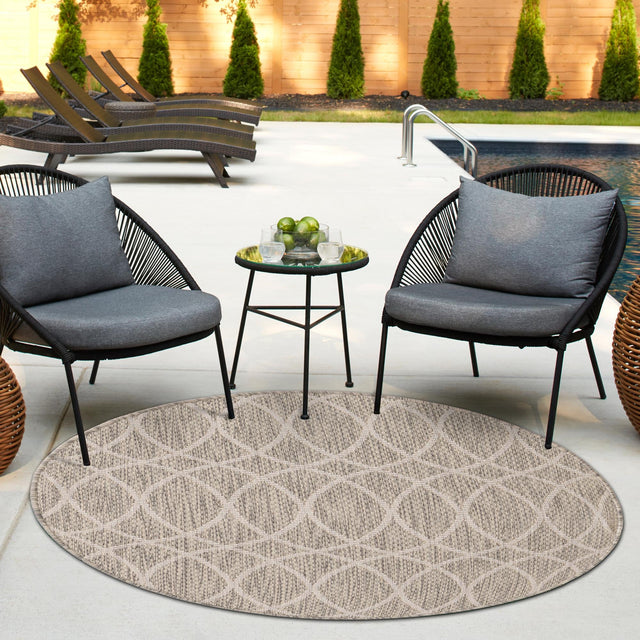 Light Gray 3' 1 x 3' 1 Outdoor Trellis Round Area Rug Weather Resistant for Patio, Deck, Terrace, Balcony, Porch Geometric Design Water Safe Outside Carpet for Sale at Rug Engine