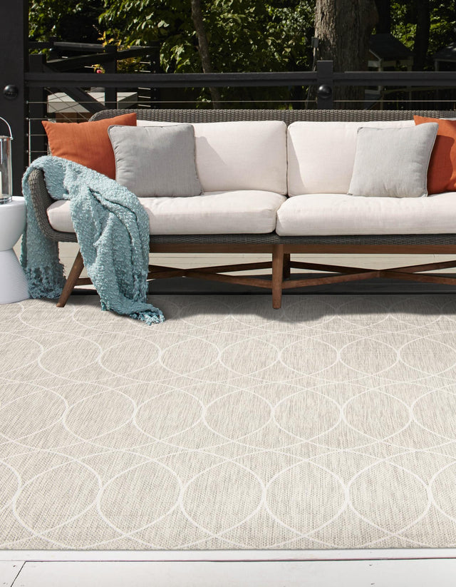 Light Gray 10' x 10' Outdoor Trellis Square Area Rug Weather Resistant for Patio, Deck, Terrace, Balcony, Porch Geometric Design Water Safe Outside Carpet for Sale at Rug Engine