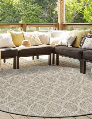 Light Gray 4' 1 x 4' 1 Outdoor Trellis Round Area Rug Weather Resistant for Patio, Deck, Terrace, Balcony, Porch Geometric Design Water Safe Outside Carpet for Sale at Rug Engine