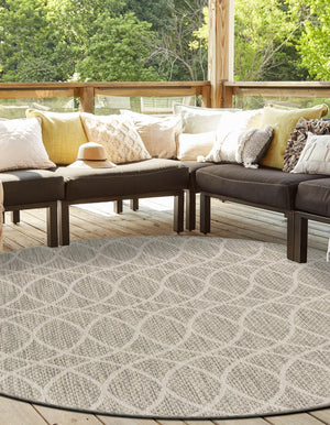 Light Gray 3' 1 x 3' 1 Outdoor Trellis Round Area Rug Weather Resistant for Patio, Deck, Terrace, Balcony, Porch Geometric Design Water Safe Outside Carpet for Sale at Rug Engine