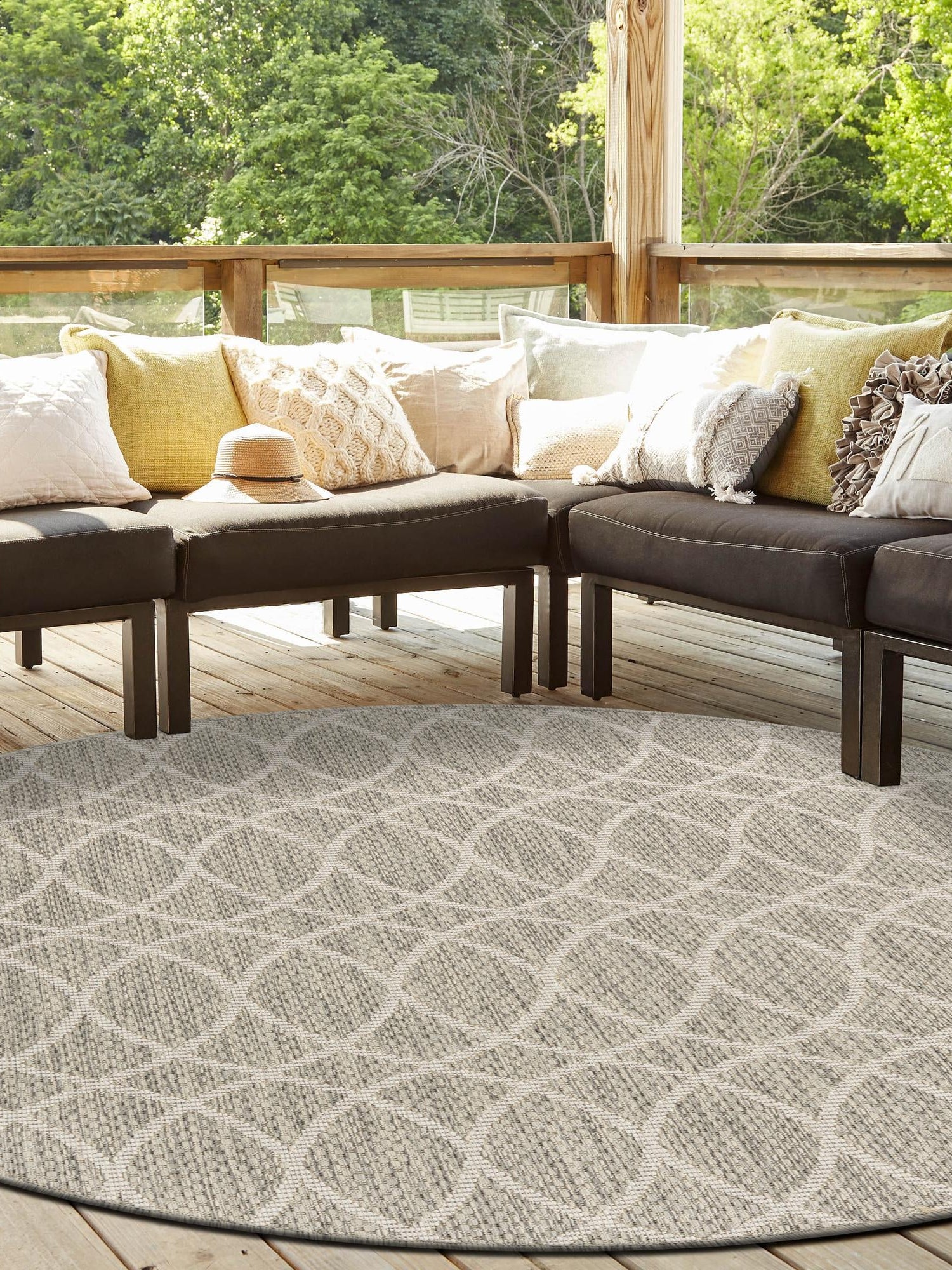 Light Gray 10' x 10' Outdoor Trellis Round Area Rug Weather Resistant for Patio, Deck, Terrace, Balcony, Porch Geometric Design Water Safe Outside Carpet for Sale at Rug Engine