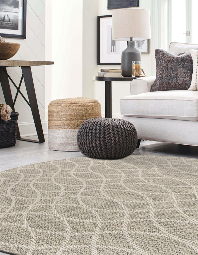 Light Gray 4' 1 x 4' 1 Outdoor Trellis Round Area Rug Weather Resistant for Patio, Deck, Terrace, Balcony, Porch Geometric Design Water Safe Outside Carpet for Sale at Rug Engine
