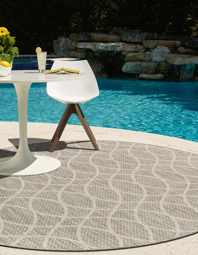Light Gray 4' 1 x 4' 1 Outdoor Trellis Round Area Rug Weather Resistant for Patio, Deck, Terrace, Balcony, Porch Geometric Design Water Safe Outside Carpet for Sale at Rug Engine