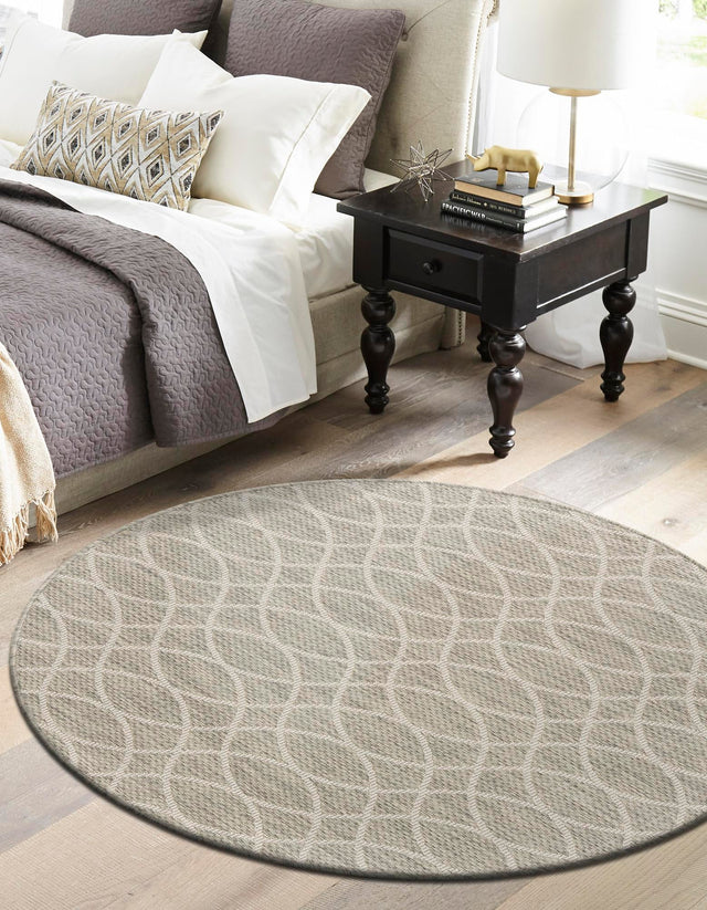Light Gray 4' 1 x 4' 1 Outdoor Trellis Round Area Rug Weather Resistant for Patio, Deck, Terrace, Balcony, Porch Geometric Design Water Safe Outside Carpet for Sale at Rug Engine