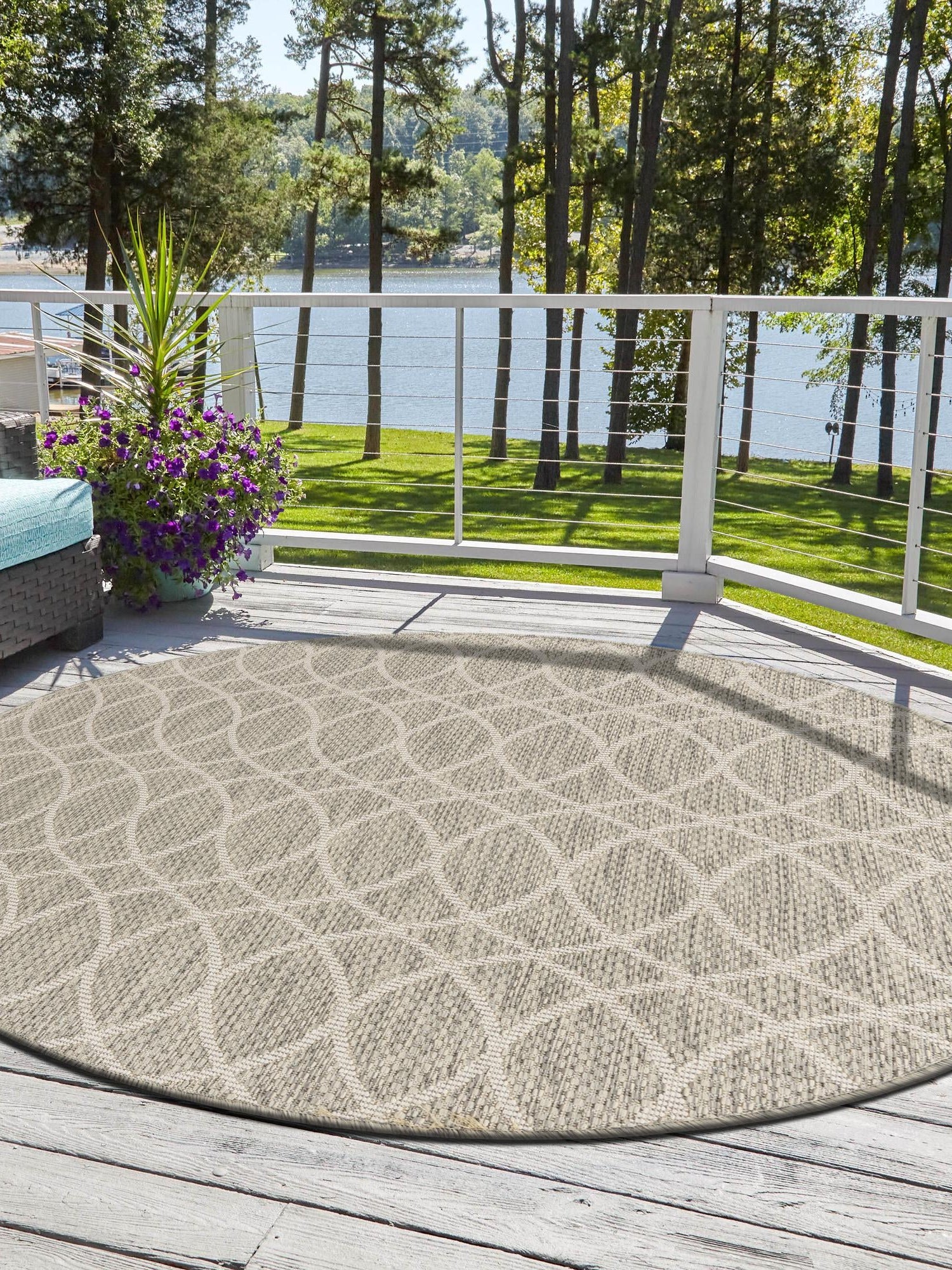 Light Gray 3' 1 x 3' 1 Outdoor Trellis Round Area Rug Weather Resistant for Patio, Deck, Terrace, Balcony, Porch Geometric Design Water Safe Outside Carpet for Sale at Rug Engine