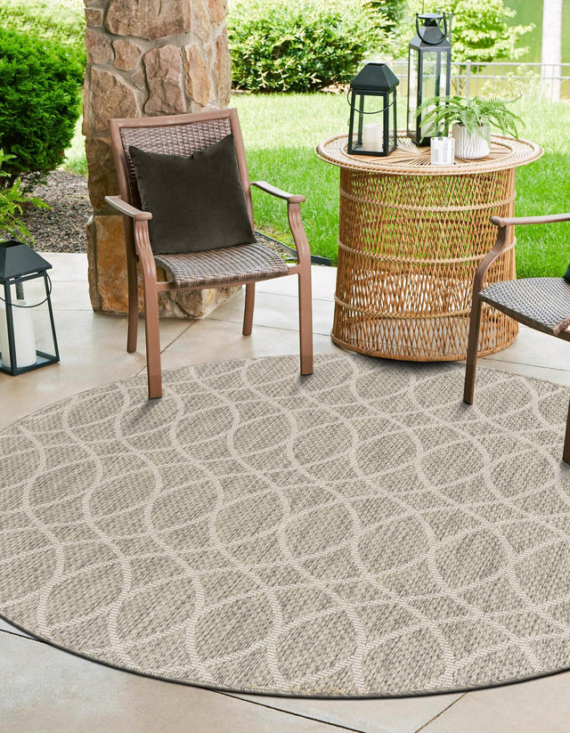 Light Gray 4' 1 x 4' 1 Outdoor Trellis Round Area Rug Weather Resistant for Patio, Deck, Terrace, Balcony, Porch Geometric Design Water Safe Outside Carpet for Sale at Rug Engine