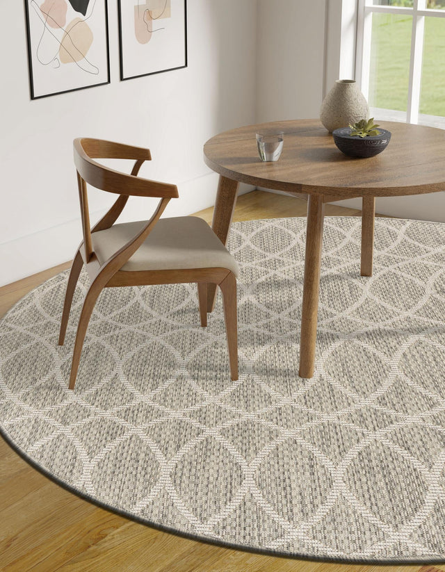Light Gray 3' 1 x 3' 1 Outdoor Trellis Round Area Rug Weather Resistant for Patio, Deck, Terrace, Balcony, Porch Geometric Design Water Safe Outside Carpet for Sale at Rug Engine
