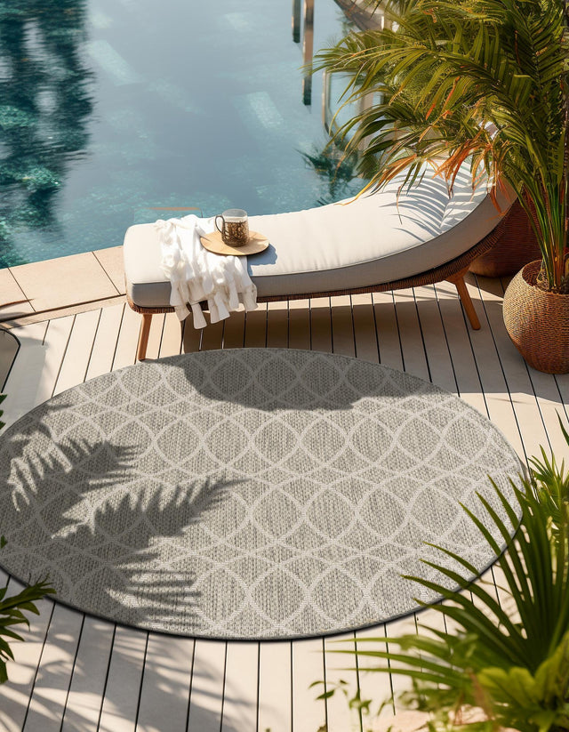 Light Gray 3' 1 x 3' 1 Outdoor Trellis Round Area Rug Weather Resistant for Patio, Deck, Terrace, Balcony, Porch Geometric Design Water Safe Outside Carpet for Sale at Rug Engine