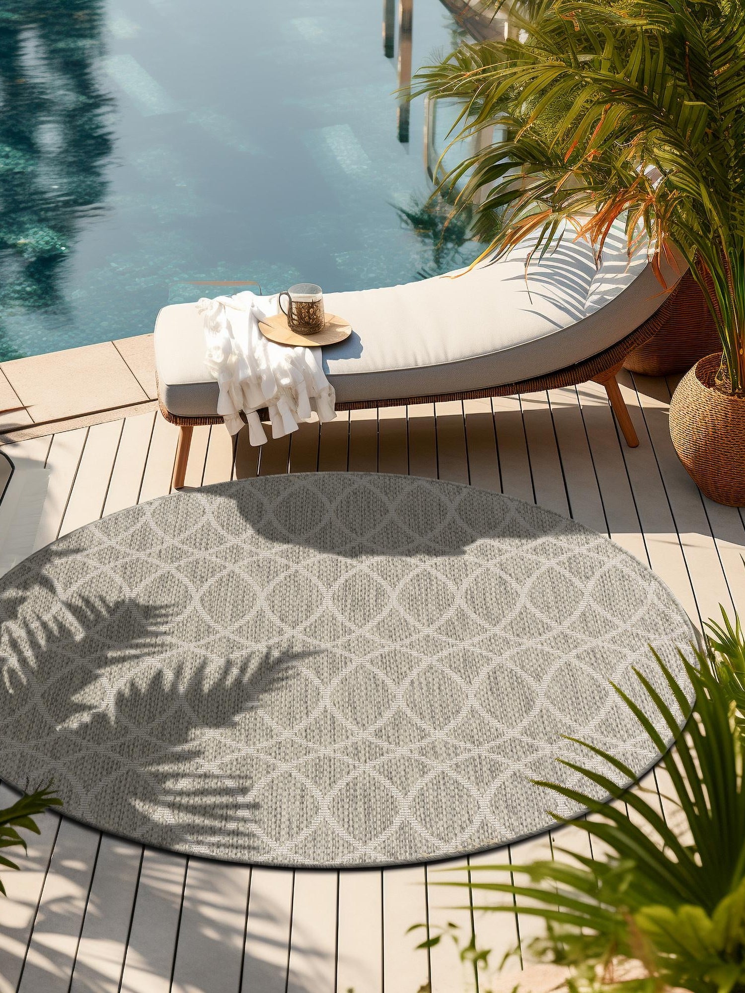 Light Gray 10' x 10' Outdoor Trellis Round Area Rug Weather Resistant for Patio, Deck, Terrace, Balcony, Porch Geometric Design Water Safe Outside Carpet for Sale at Rug Engine