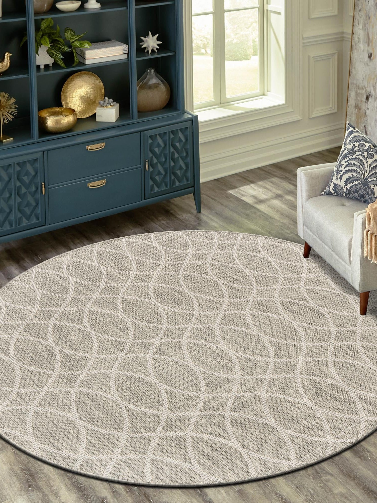 Light Gray 10' x 10' Outdoor Trellis Round Area Rug Weather Resistant for Patio, Deck, Terrace, Balcony, Porch Geometric Design Water Safe Outside Carpet for Sale at Rug Engine