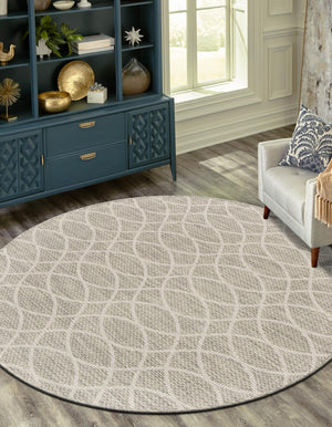 Light Gray 10' x 10' Outdoor Trellis Round Area Rug Weather Resistant for Patio, Deck, Terrace, Balcony, Porch Geometric Design Water Safe Outside Carpet for Sale at Rug Engine