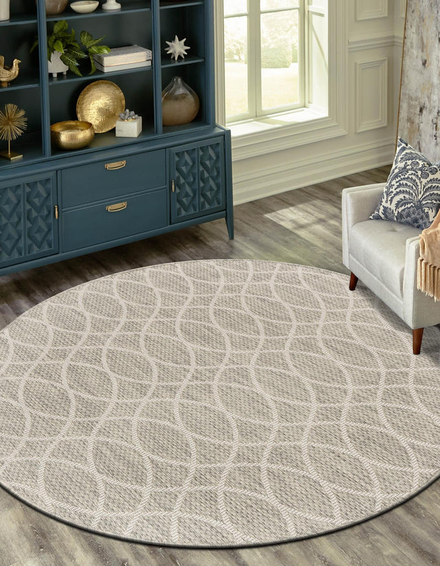 Light Gray 10' x 10' Outdoor Trellis Round Area Rug Weather Resistant for Patio, Deck, Terrace, Balcony, Porch Geometric Design Water Safe Outside Carpet for Sale at Rug Engine