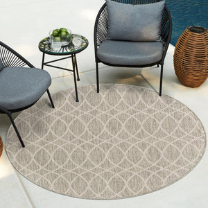 Light Gray 4' 1 x 4' 1 Outdoor Trellis Round Area Rug Weather Resistant for Patio, Deck, Terrace, Balcony, Porch Geometric Design Water Safe Outside Carpet for Sale at Rug Engine