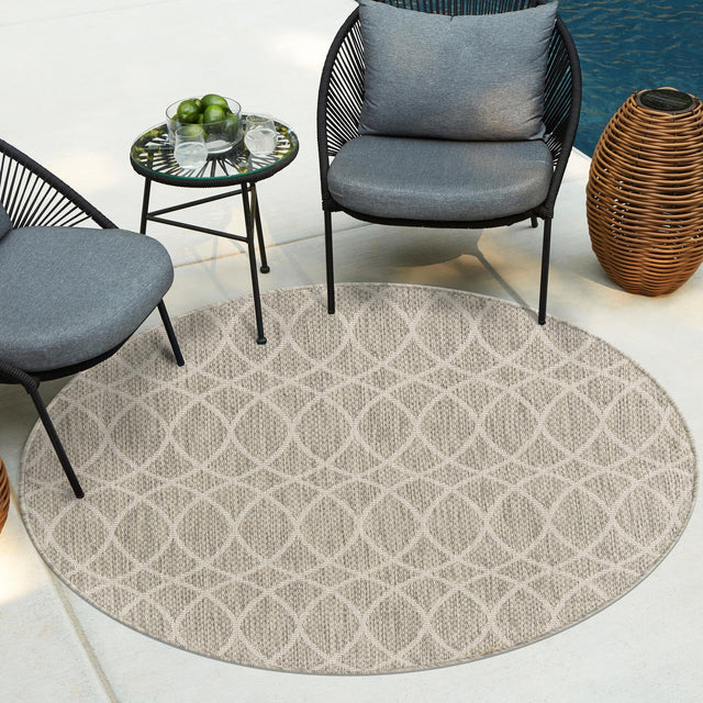 Light Gray 3' 1 x 3' 1 Outdoor Trellis Round Area Rug Weather Resistant for Patio, Deck, Terrace, Balcony, Porch Geometric Design Water Safe Outside Carpet for Sale at Rug Engine