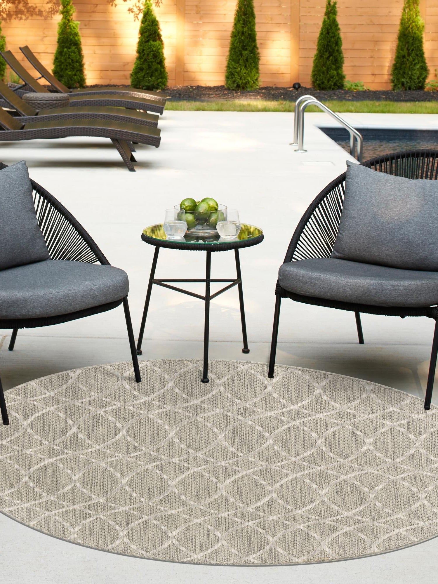 Light Gray 3' 1 x 3' 1 Outdoor Trellis Round Area Rug Weather Resistant for Patio, Deck, Terrace, Balcony, Porch Geometric Design Water Safe Outside Carpet for Sale at Rug Engine