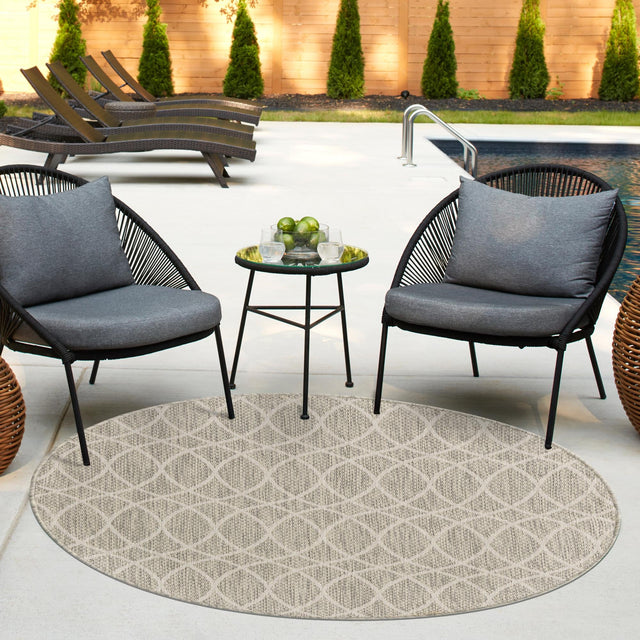 Light Gray 3' 1 x 3' 1 Outdoor Trellis Round Area Rug Weather Resistant for Patio, Deck, Terrace, Balcony, Porch Geometric Design Water Safe Outside Carpet for Sale at Rug Engine