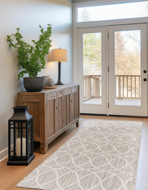 Light Gray 2' 7 x 10' Outdoor Trellis Runner Area Rug Weather Resistant for Patio, Deck, Terrace, Balcony, Porch Geometric Design Water Safe Outside Carpet for Sale at Rug Engine