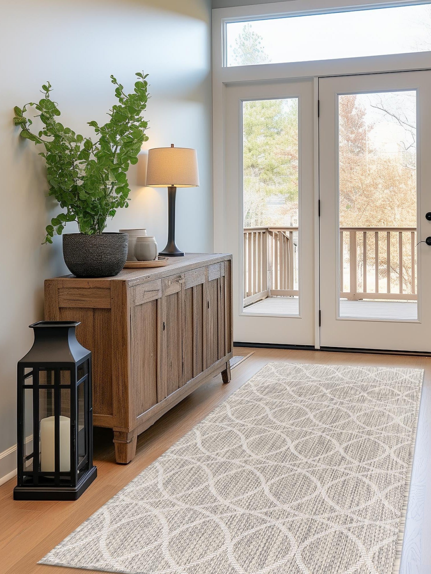 Light Gray 2' x 8' Outdoor Trellis Runner Area Rug Weather Resistant for Patio, Deck, Terrace, Balcony, Porch Geometric Design Water Safe Outside Carpet for Sale at Rug Engine