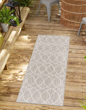 Light Gray 2' 7 x 10' Outdoor Trellis Runner Area Rug Weather Resistant for Patio, Deck, Terrace, Balcony, Porch Geometric Design Water Safe Outside Carpet for Sale at Rug Engine