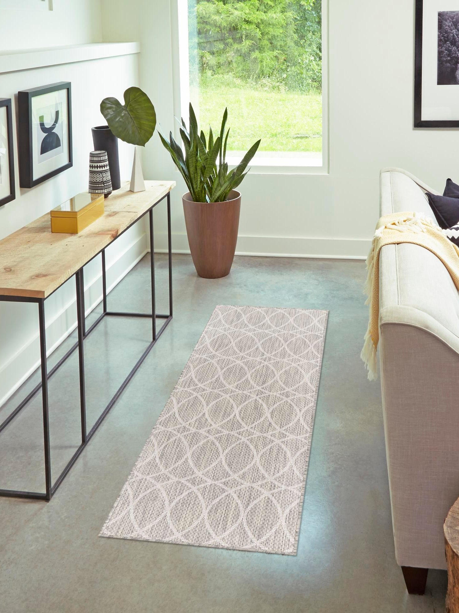 Light Gray 2' x 8' Outdoor Trellis Runner Area Rug Weather Resistant for Patio, Deck, Terrace, Balcony, Porch Geometric Design Water Safe Outside Carpet for Sale at Rug Engine
