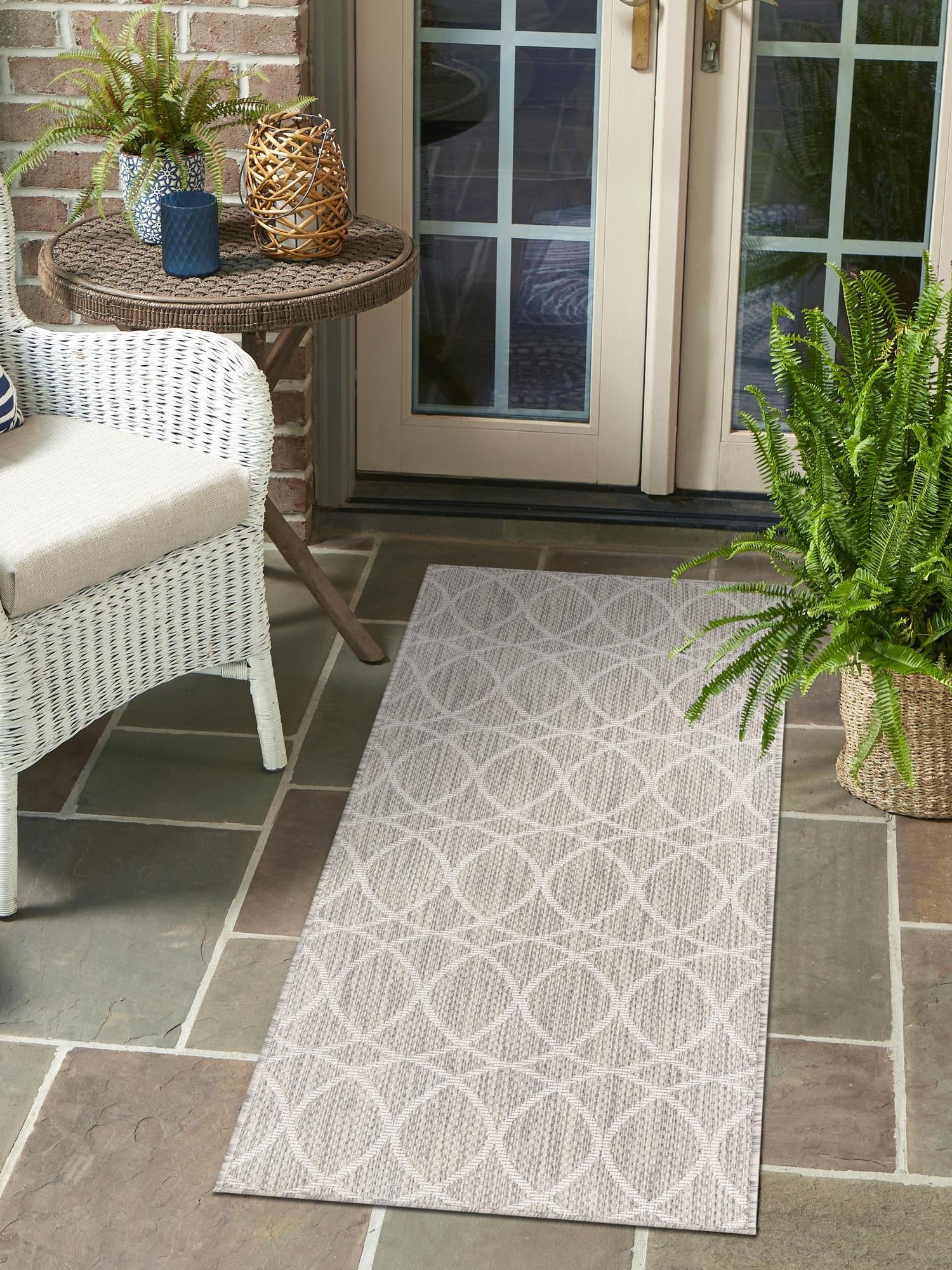 Light Gray 2' x 8' Outdoor Trellis Runner Area Rug Weather Resistant for Patio, Deck, Terrace, Balcony, Porch Geometric Design Water Safe Outside Carpet for Sale at Rug Engine