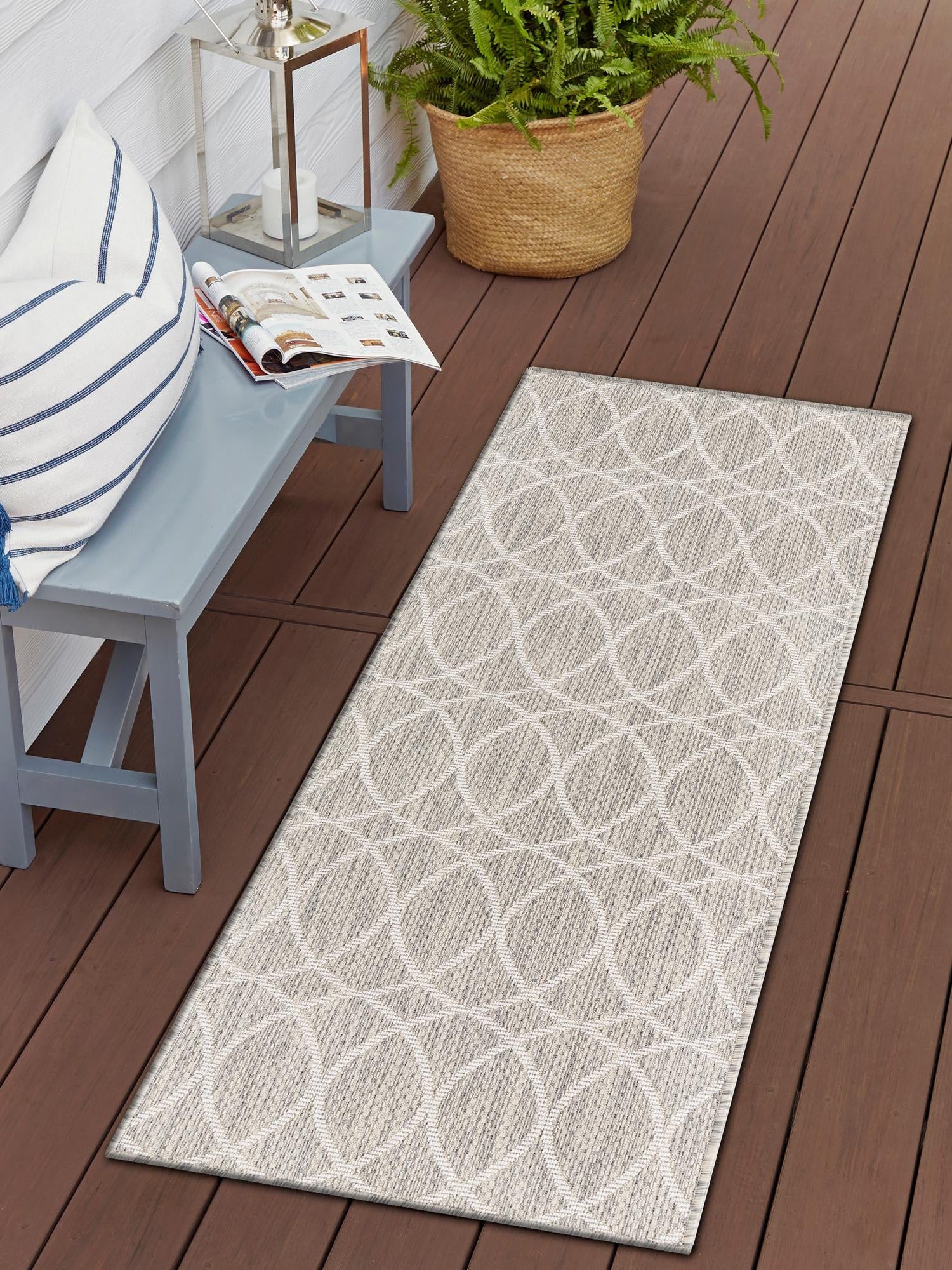 Light Gray 2' x 8' Outdoor Trellis Runner Area Rug Weather Resistant for Patio, Deck, Terrace, Balcony, Porch Geometric Design Water Safe Outside Carpet for Sale at Rug Engine