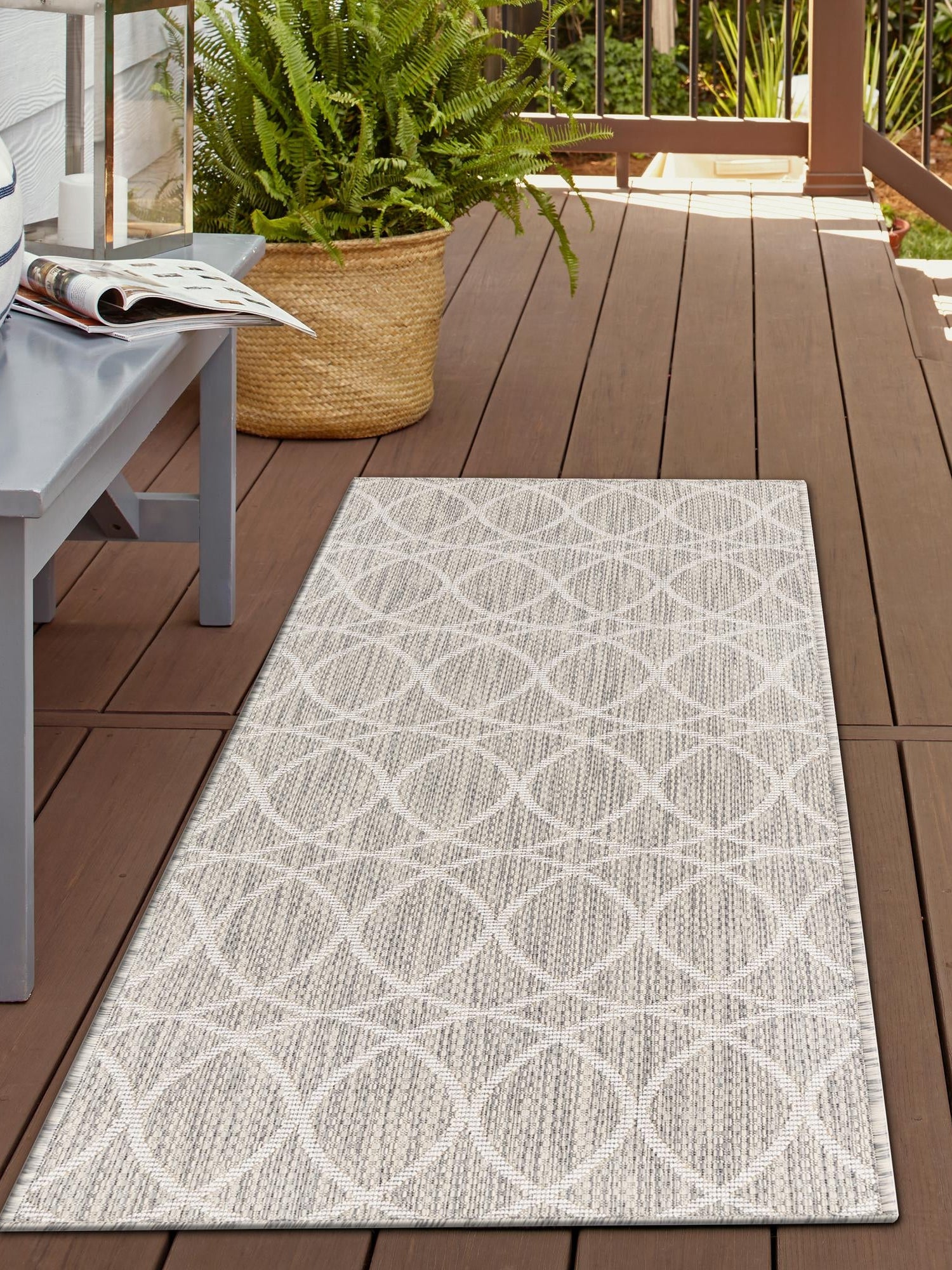 Light Gray 2' 7 x 10' Outdoor Trellis Runner Area Rug Weather Resistant for Patio, Deck, Terrace, Balcony, Porch Geometric Design Water Safe Outside Carpet for Sale at Rug Engine