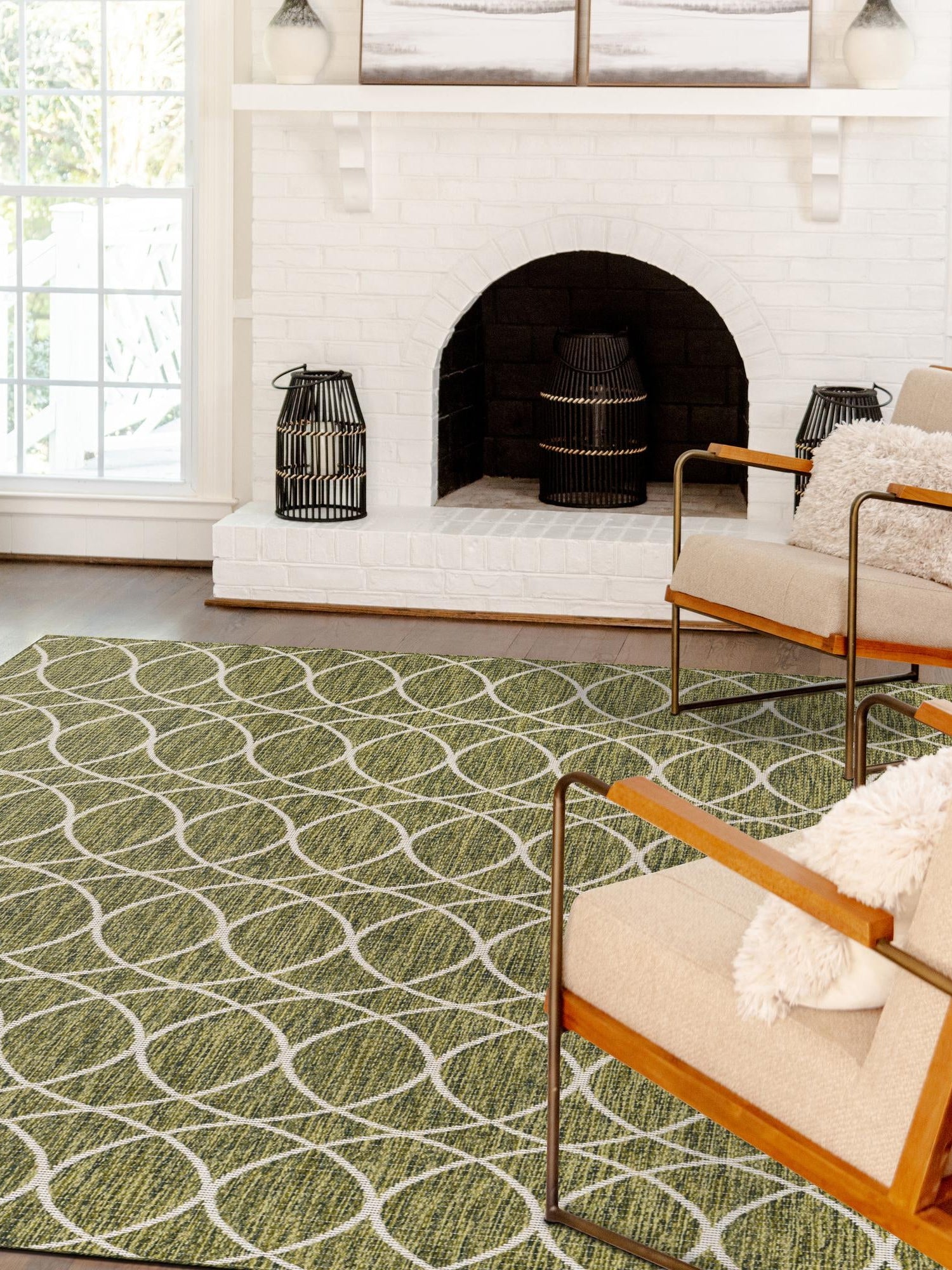 Green 5' 3 x 8' Outdoor Trellis Rectangle Area Rug Weather Resistant for Patio, Deck, Terrace, Balcony, Porch Geometric Design Water Safe Outside Carpet for Sale at Rug Engine