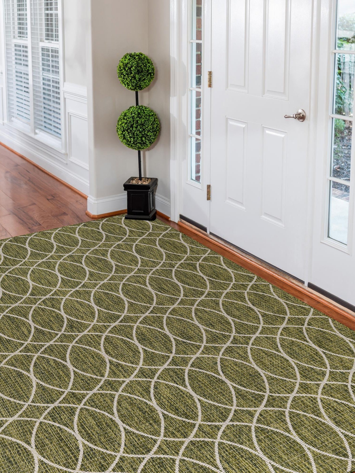 Green 7' 10 x 11' Outdoor Trellis Rectangle Area Rug Weather Resistant for Patio, Deck, Terrace, Balcony, Porch Geometric Design Water Safe Outside Carpet for Sale at Rug Engine