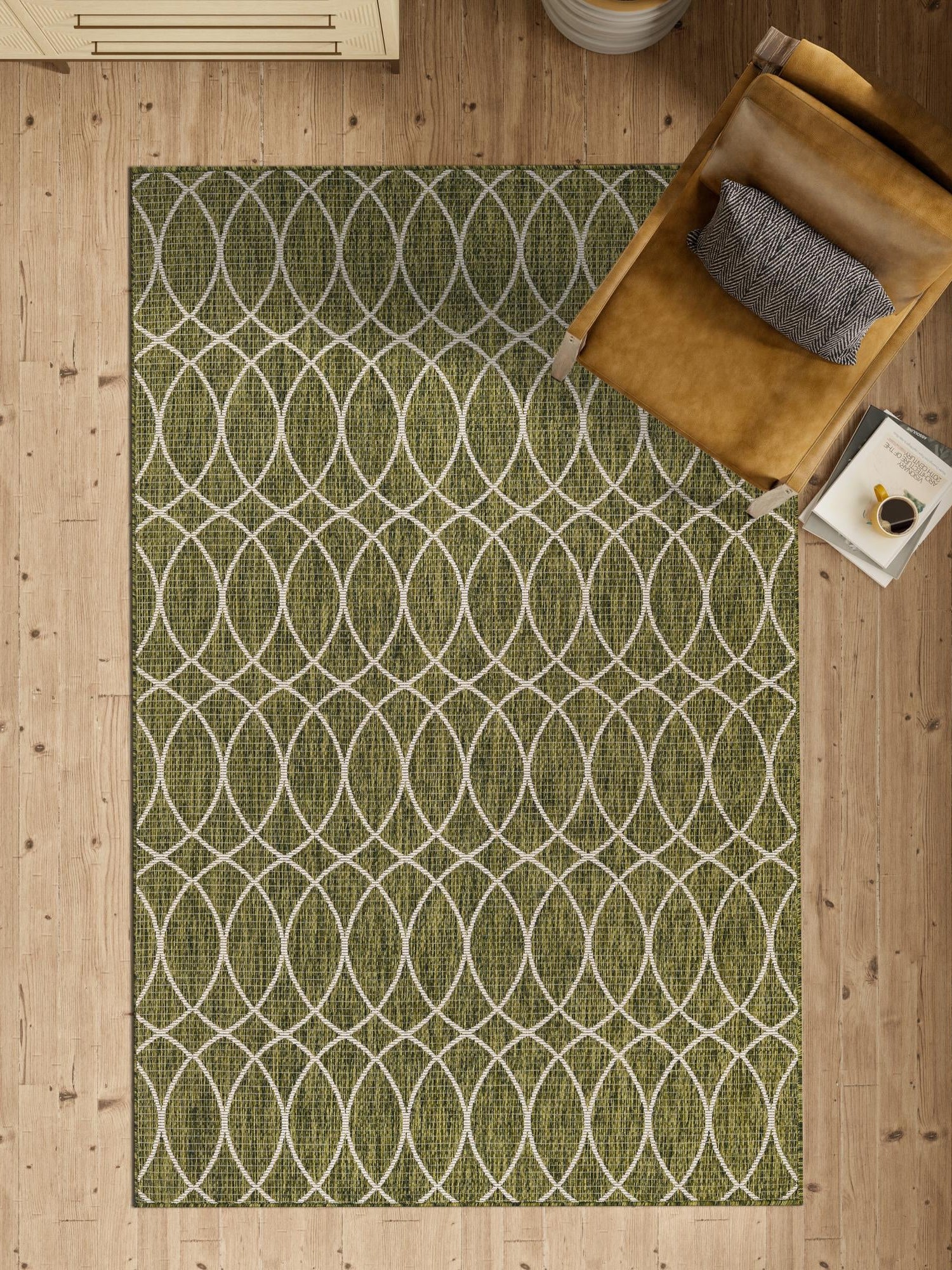 Green 5' 3 x 8' Outdoor Trellis Rectangle Area Rug Weather Resistant for Patio, Deck, Terrace, Balcony, Porch Geometric Design Water Safe Outside Carpet for Sale at Rug Engine