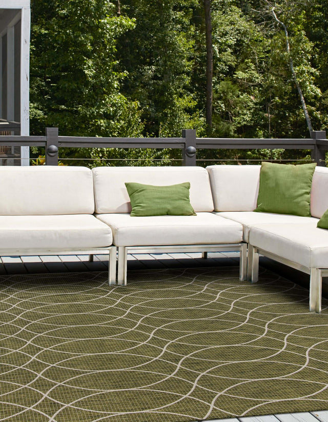 Green 10' x 10' Outdoor Trellis Square Area Rug Weather Resistant for Patio, Deck, Terrace, Balcony, Porch Geometric Design Water Safe Outside Carpet for Sale at Rug Engine