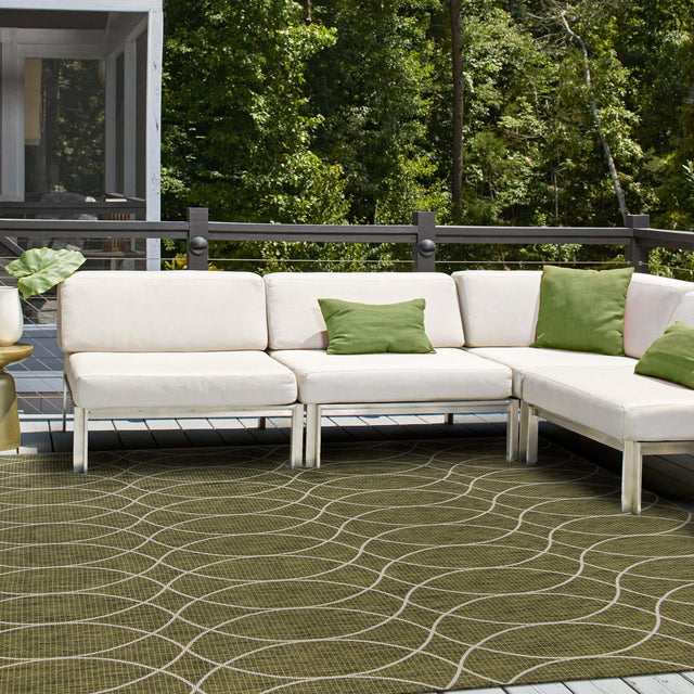Green 10' x 10' Outdoor Trellis Square Area Rug Weather Resistant for Patio, Deck, Terrace, Balcony, Porch Geometric Design Water Safe Outside Carpet for Sale at Rug Engine