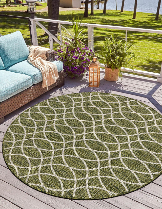Green 4' 1 x 4' 1 Outdoor Trellis Round Area Rug Weather Resistant for Patio, Deck, Terrace, Balcony, Porch Geometric Design Water Safe Outside Carpet for Sale at Rug Engine