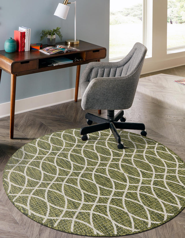 Green 3' 1 x 3' 1 Outdoor Trellis Round Area Rug Weather Resistant for Patio, Deck, Terrace, Balcony, Porch Geometric Design Water Safe Outside Carpet for Sale at Rug Engine
