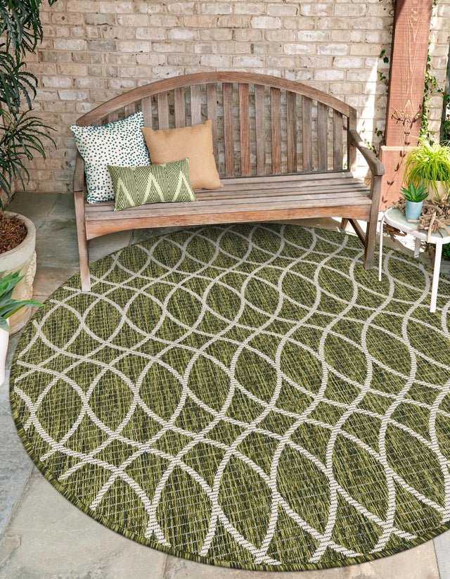 Green 3' 1 x 3' 1 Outdoor Trellis Round Area Rug Weather Resistant for Patio, Deck, Terrace, Balcony, Porch Geometric Design Water Safe Outside Carpet for Sale at Rug Engine