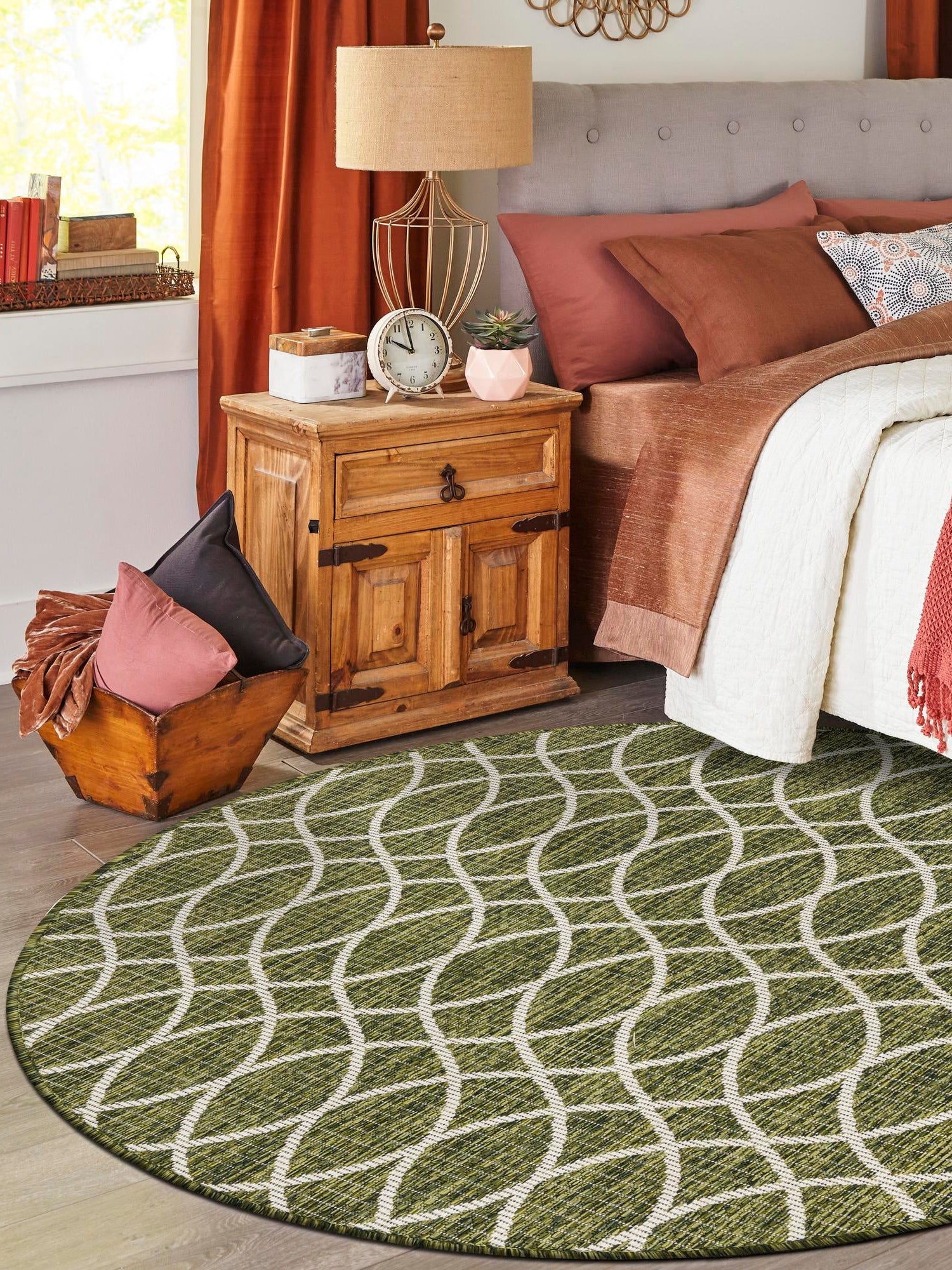 Green 10' x 10' Outdoor Trellis Round Area Rug Weather Resistant for Patio, Deck, Terrace, Balcony, Porch Geometric Design Water Safe Outside Carpet for Sale at Rug Engine