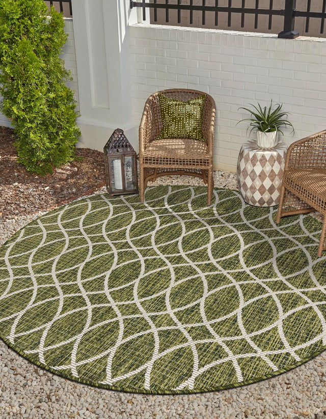 Green 3' 1 x 3' 1 Outdoor Trellis Round Area Rug Weather Resistant for Patio, Deck, Terrace, Balcony, Porch Geometric Design Water Safe Outside Carpet for Sale at Rug Engine