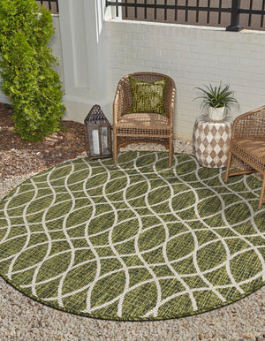 Green 4' 1 x 4' 1 Outdoor Trellis Round Area Rug Weather Resistant for Patio, Deck, Terrace, Balcony, Porch Geometric Design Water Safe Outside Carpet for Sale at Rug Engine