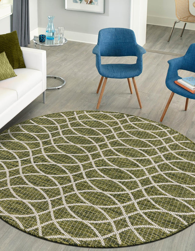 Green 3' 1 x 3' 1 Outdoor Trellis Round Area Rug Weather Resistant for Patio, Deck, Terrace, Balcony, Porch Geometric Design Water Safe Outside Carpet for Sale at Rug Engine