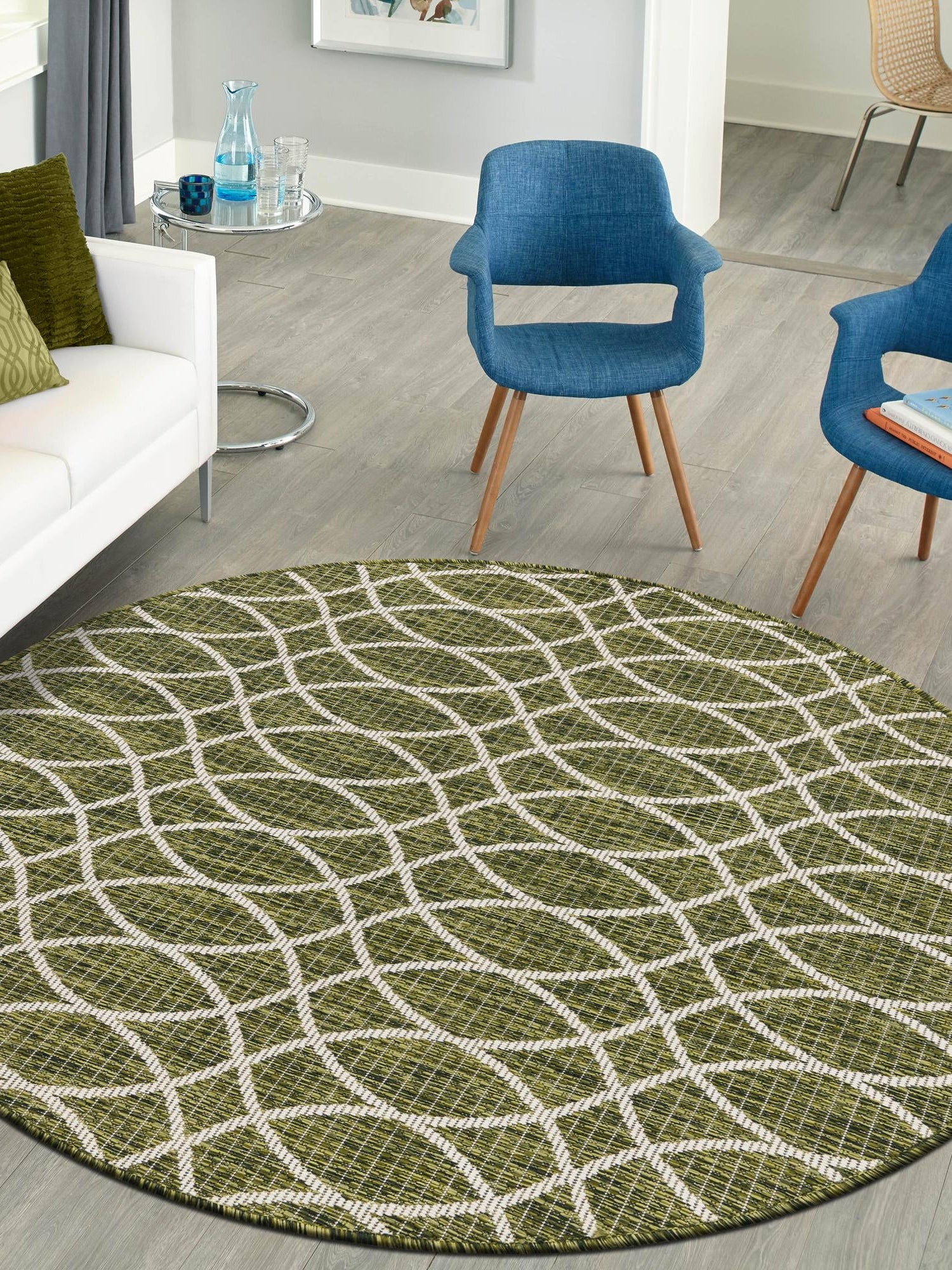 Green 10' x 10' Outdoor Trellis Round Area Rug Weather Resistant for Patio, Deck, Terrace, Balcony, Porch Geometric Design Water Safe Outside Carpet for Sale at Rug Engine