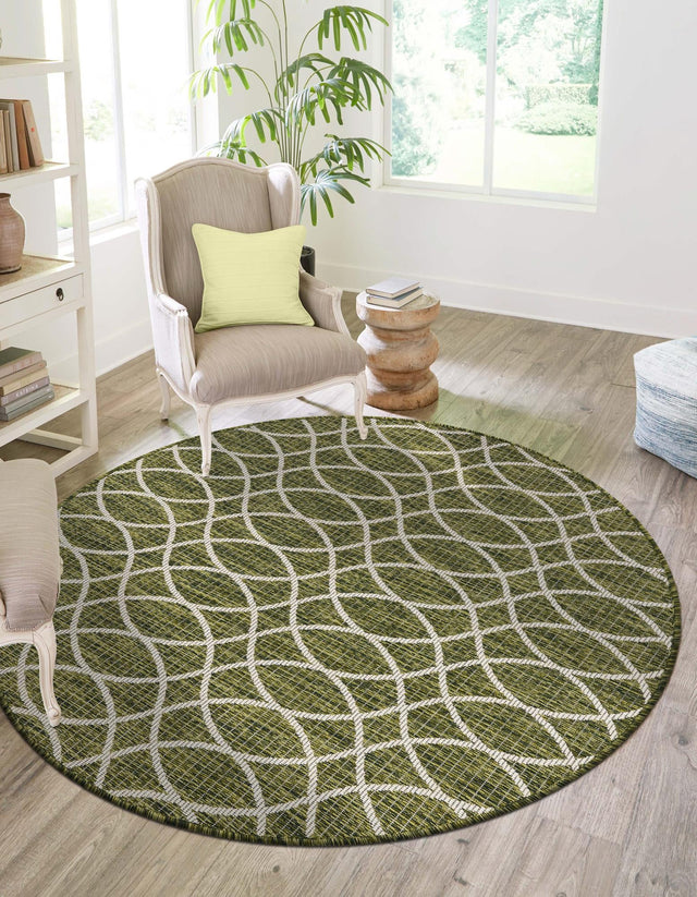 Green 3' 1 x 3' 1 Outdoor Trellis Round Area Rug Weather Resistant for Patio, Deck, Terrace, Balcony, Porch Geometric Design Water Safe Outside Carpet for Sale at Rug Engine