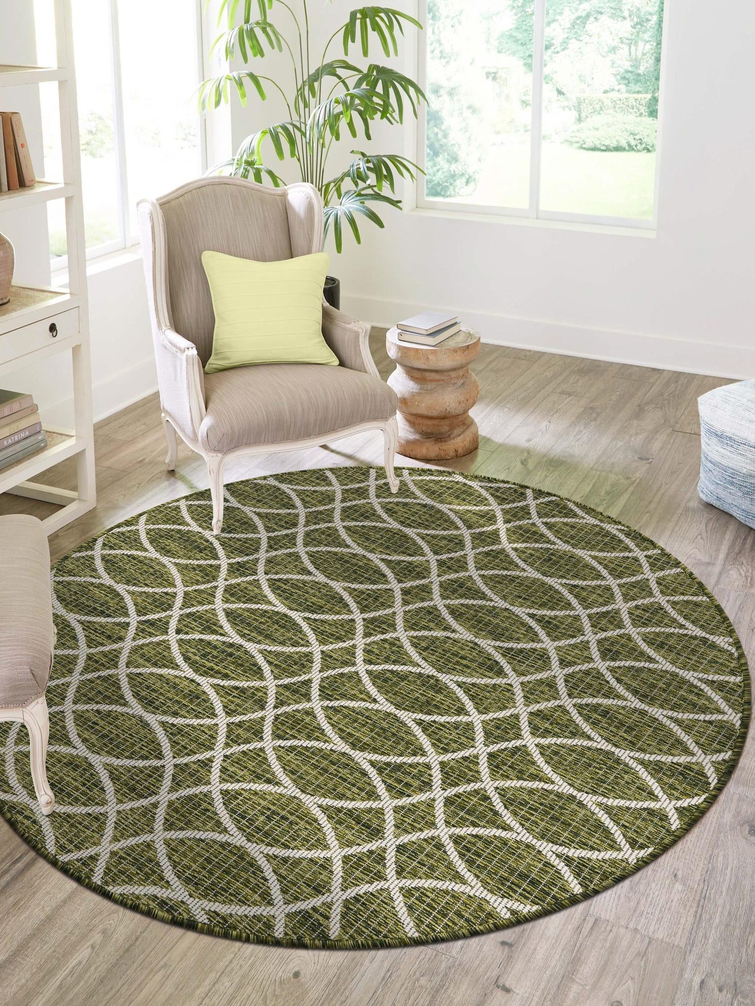 Green 10' x 10' Outdoor Trellis Round Area Rug Weather Resistant for Patio, Deck, Terrace, Balcony, Porch Geometric Design Water Safe Outside Carpet for Sale at Rug Engine