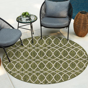 Green 3' 1 x 3' 1 Outdoor Trellis Round Area Rug Weather Resistant for Patio, Deck, Terrace, Balcony, Porch Geometric Design Water Safe Outside Carpet for Sale at Rug Engine