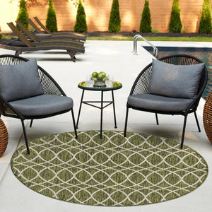 Green 4' 1 x 4' 1 Outdoor Trellis Round Area Rug Weather Resistant for Patio, Deck, Terrace, Balcony, Porch Geometric Design Water Safe Outside Carpet for Sale at Rug Engine