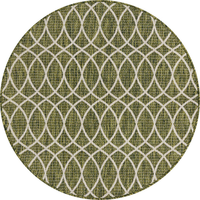 Green 4' 1 x 4' 1 Outdoor Trellis Round Area Rug Weather Resistant for Patio, Deck, Terrace, Balcony, Porch Geometric Design Water Safe Outside Carpet for Sale at Rug Engine