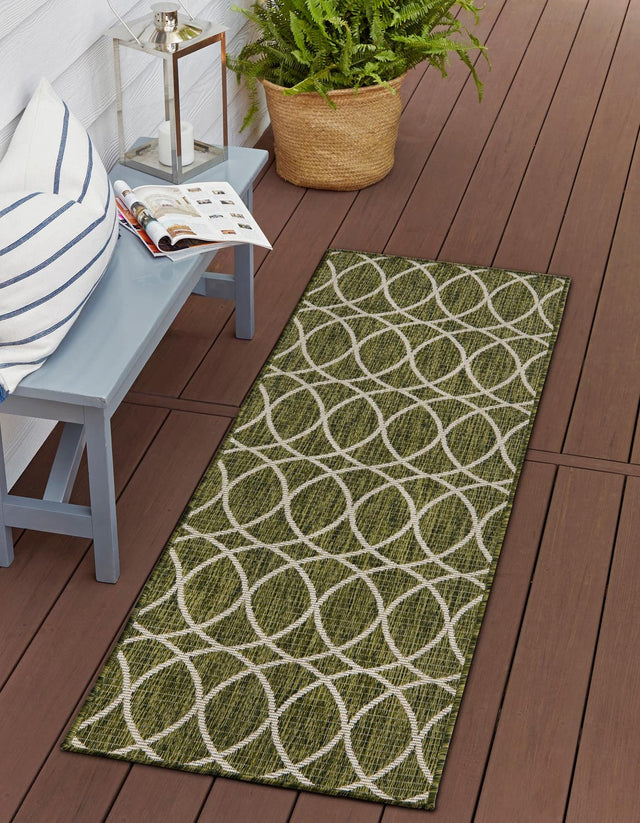Green 2' 7 x 10' Outdoor Trellis Runner Area Rug Weather Resistant for Patio, Deck, Terrace, Balcony, Porch Geometric Design Water Safe Outside Carpet for Sale at Rug Engine